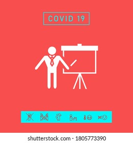 Presentation sign icon. Man standing with pointer near the flip chart. Blank empty billboard , elements for your design