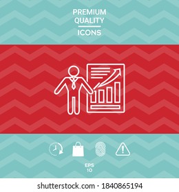 Icono de signo de presentación. Hombre de pie con un puntero cerca de la infografía. - icono de línea.