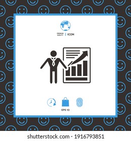 Presentation sign icon. Man standing with pointer near the infographic, elements for your design