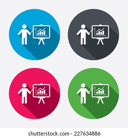Presentation sign icon. Man standing with pointer. Scheme and Diagram symbol. Circle buttons with long shadow. 4 icons set. Vector