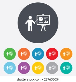 Presentation sign icon. Man standing with pointer. Scheme and Diagram symbol. Round colourful 11 buttons. Vector