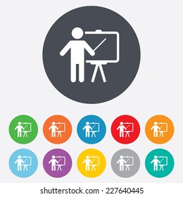 Presentation sign icon. Man standing with pointer. Blank empty billboard symbol. Round colourful 11 buttons. Vector