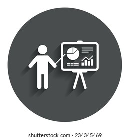 Presentation sign icon. Man standing with pointer. Scheme and Diagram symbol. Gray flat button with shadow. Modern UI website navigation. Vector