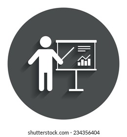 Presentation sign icon. Man standing with pointer. Scheme and Diagram symbol. Gray flat button with shadow. Modern UI website navigation. Vector
