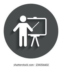 Presentation sign icon. Man standing with pointer. Blank empty billboard symbol. Gray flat button with shadow. Modern UI website navigation. Vector