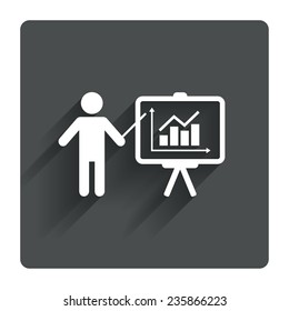 Presentation sign icon. Man standing with pointer. Scheme and Diagram symbol. Gray flat square button with shadow. Modern UI website navigation. Vector