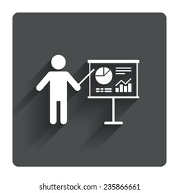 Presentation sign icon. Man standing with pointer. Scheme and Diagram symbol. Gray flat square button with shadow. Modern UI website navigation. Vector
