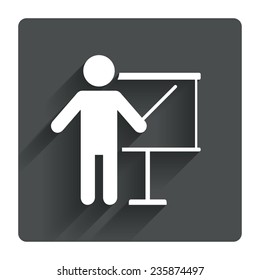 Presentation sign icon. Man standing with pointer. Blank empty billboard symbol. Gray flat square button with shadow. Modern UI website navigation. Vector