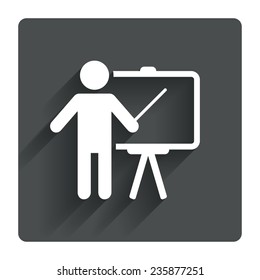 Presentation sign icon. Man standing with pointer. Blank empty billboard symbol. Gray flat square button with shadow. Modern UI website navigation. Vector