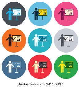 Presentation sign icon. Man standing with pointer. Scheme and Diagram symbol. Colored round buttons. Flat design circle icons set. Vector