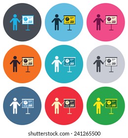 Presentation sign icon. Man standing with pointer. Scheme and Diagram symbol. Colored round buttons. Flat design circle icons set. Vector