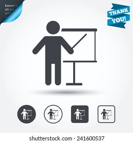 Presentation sign icon. Man standing with pointer. Blank empty billboard symbol. Circle and square buttons. Flat design set. Thank you ribbon. Vector