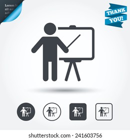 Presentation sign icon. Man standing with pointer. Blank empty billboard symbol. Circle and square buttons. Flat design set. Thank you ribbon. Vector
