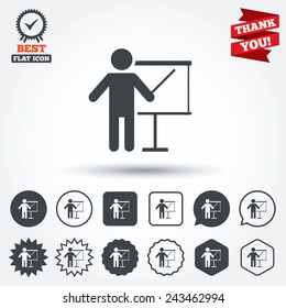 Presentation sign icon. Man standing with pointer. Blank empty billboard symbol. Circle, star, speech bubble and square buttons. Award medal with check mark. Thank you ribbon. Vector