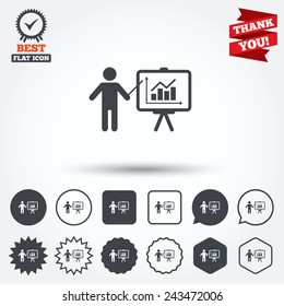 Presentation sign icon. Man standing with pointer. Scheme and Diagram symbol. Circle, star, speech bubble and square buttons. Award medal with check mark. Thank you ribbon. Vector