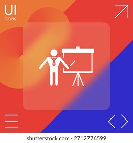 Presentation sign icon. Man standing with pointer near the flip chart. 