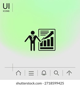 Icono de signo de presentación. Hombre de pie con el puntero cerca de la infografía, Elementos para su diseño