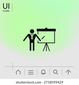 Presentation sign icon. Man standing with pointer near the flip chart. 