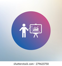 Presentation sign icon. Man standing with pointer. Scheme and Diagram symbol. Icon on blurred background. Vector