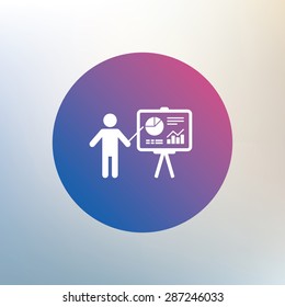 Presentation sign icon. Man standing with pointer. Scheme and Diagram symbol. Icon on blurred background. Vector