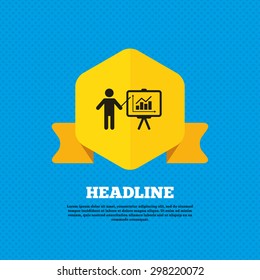 Presentation sign icon. Man standing with pointer. Scheme and Diagram symbol. Yellow label tag. Circles seamless pattern on back. Vector