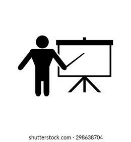 Presentation sign icon. Man standing with pointer near the flipchart. Blank empty billboard symbol. 