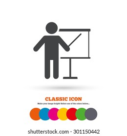 Presentation sign icon. Man standing with pointer. Blank empty billboard symbol. Classic flat icon. Colored circles. Vector