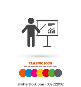 Presentation sign icon. Man standing with pointer. Scheme and Diagram symbol. Classic flat icon. Colored circles. Vector