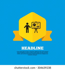 Presentation sign icon. Man standing with pointer. Scheme and Diagram symbol. Yellow label tag. Circles seamless pattern on back. Vector