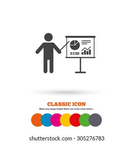 Presentation sign icon. Man standing with pointer. Scheme and Diagram symbol. Classic flat icon. Colored circles. Vector