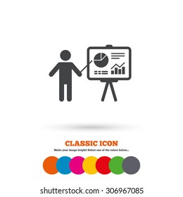 Presentation sign icon. Man standing with pointer. Scheme and Diagram symbol. Classic flat icon. Colored circles. Vector