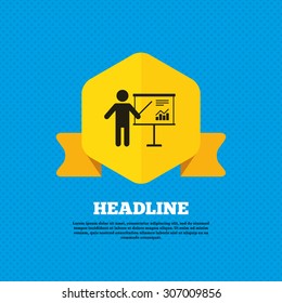 Presentation sign icon. Man standing with pointer. Scheme and Diagram symbol. Yellow label tag. Circles seamless pattern on back. Vector