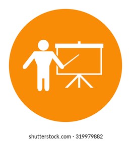 Presentation sign icon. Man standing with pointer near the flip chart. Blank empty billboard symbol.