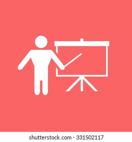 Presentation sign icon. Man standing with pointer near the flip chart. Blank empty billboard symbol.