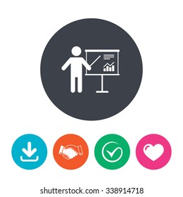 Presentation sign icon. Man standing with pointer. Scheme and Diagram symbol. Download arrow, handshake, tick and heart. Flat circle buttons.