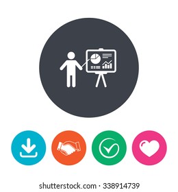 Presentation sign icon. Man standing with pointer. Scheme and Diagram symbol. Download arrow, handshake, tick and heart. Flat circle buttons.