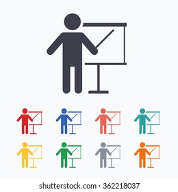 Presentation sign icon. Man standing with pointer. Blank empty billboard symbol. Colored flat icons on white background.