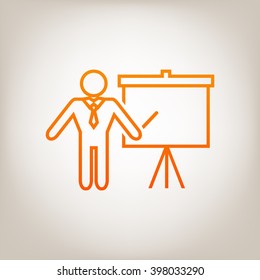 Presentation sign icon. Man standing with pointer near the flip chart. Blank empty billboard symbol. Line icon.