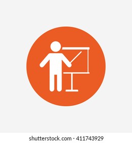 Presentation sign icon. Man standing with pointer. Blank empty billboard symbol. Orange circle button with icon. Vector