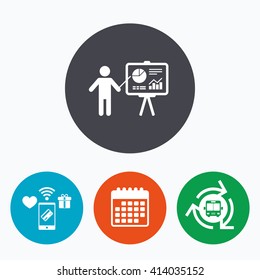 Presentation sign icon. Man standing with pointer. Scheme and Diagram symbol. Mobile payments, calendar and wifi icons. Bus shuttle.
