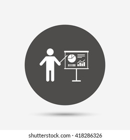 Presentation sign icon. Man standing with pointer. Scheme and Diagram symbol. Gray circle button with icon. Vector