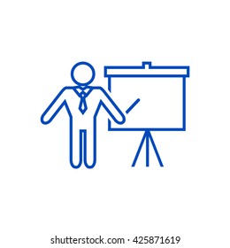 Presentation sign icon. Man standing with pointer near the flip chart. Blank empty billboard symbol. Line icon.
