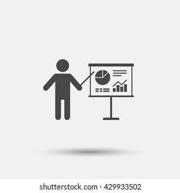 Presentation sign icon. Man standing with pointer. Scheme and Diagram symbol. Flat presentation web icon on white background. Vector