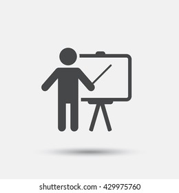 Presentation sign icon. Man standing with pointer. Blank empty billboard symbol. Flat presentation web icon on white background. Vector