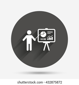 Presentation sign icon. Man standing with pointer. Scheme and Diagram symbol. Circle flat button with shadow. Vector