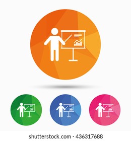 Presentation sign icon. Man standing with pointer. Scheme and Diagram symbol. Triangular low poly button with flat icon. Vector