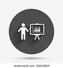 Presentation sign icon. Man standing with pointer. Scheme and Diagram symbol. Circle flat button with shadow. Vector