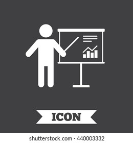 Presentation sign icon. Man standing with pointer. Scheme and Diagram symbol. Graphic design element. Flat presentation symbol on dark background. Vector