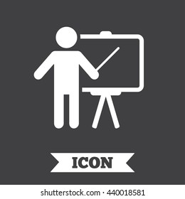 Presentation sign icon. Man standing with pointer. Blank empty billboard symbol. Graphic design element. Flat presentation symbol on dark background. Vector