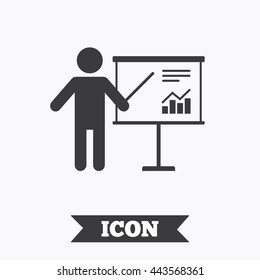 Presentation sign icon. Man standing with pointer. Scheme and Diagram symbol. Graphic design element. Flat presentation symbol on white background. Vector